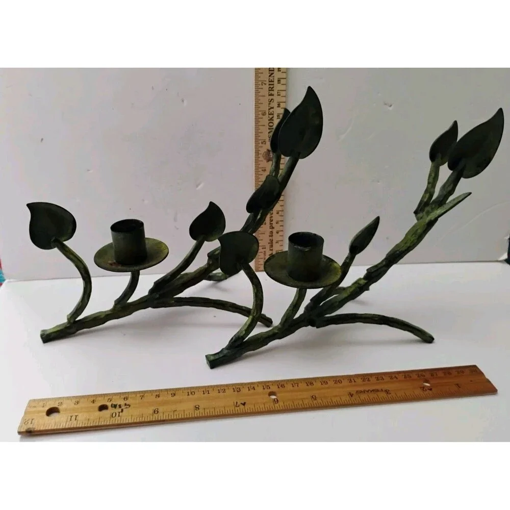 Vintage Metal Branch Candle Holders Pair Leaf Vine Verdigris Green Taper 2pc